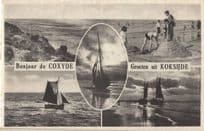 Coxyde Belgium Boys Standing On Sand Castle Boats At Dusk Postcard