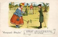 Croquet Shots Mallet Fat Lady Sports Priest Disaster Old Comic Postcard