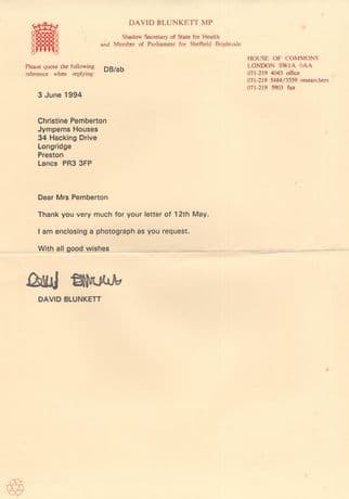 David Blunkett MP House Of Commons Letter Hand Signed Autograph