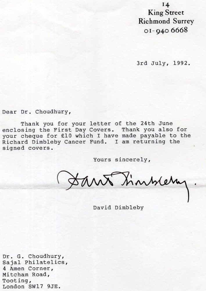 Hand Signed David Dimbleby Large A4 Hand Signed Letter From Home Headed Paper