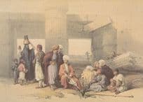 David Roberts Inhabitants at the Village Of Qurna Temple Sethos Painting Postcard