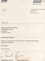 Desmond Lynam My Ugly Bug Hand Signed BBC Letter