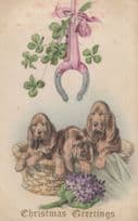 Doberman Dogs Under Pink Horseshoe Christmas WW1 Old Postcard