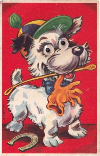 Dog Fetching Stick Glove Horseshoe Moving Glass Eyes Postcard