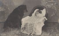 Dog Guarding Baby Child Antique Postcard