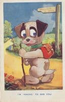 Dog Hitchhiker I'm Hiking To See You Old Comic Postcard