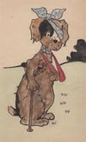 Dog In Bandage Arm Sling Walking Stick Antique Comic Postcard