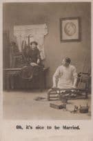 Dominant Wife Watches Husband DIY Scivvy Work Antique Real Photo Comic Postcard