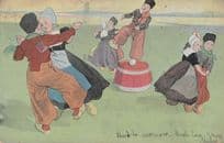 Dutch Barn Dancing Antique Holland Dance Comic Postcard