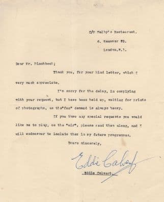Eddie Calvert Jazz Trumpeter Radio DJ Hand Signed Antique Letter
