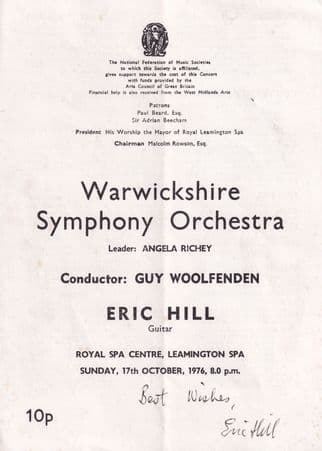 Eric Hill Classical Jazz Guitar Hand Signed 1970s Concert Programme