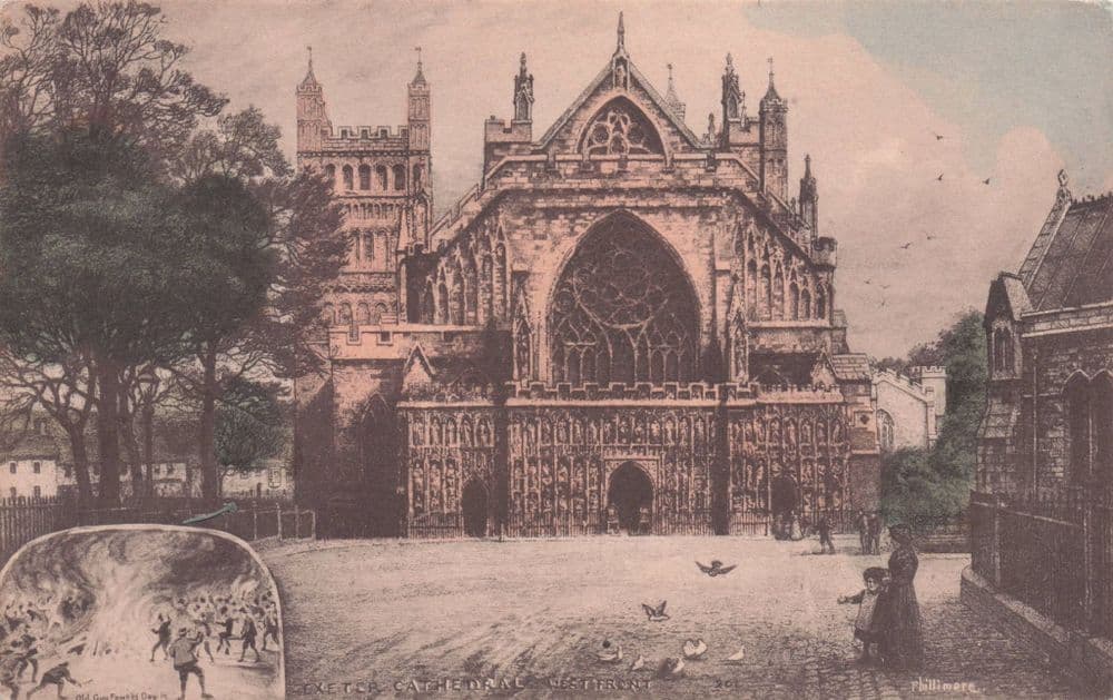 Exeter Cathedral West Front Guy Fawkes Day Phillimore Old Devon Postcard