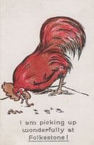 Farm Bird Hen Eating Worm at Folkestone Kent Antique Comic Postcard
