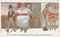 Fat Lady Just Married In Butchers A Bit Of Mutton Antique Worn Comic Postcard
