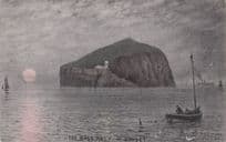 Fishing Boat at Bass Rock Sunset Sea Shimmer Phillimore Old Postcard