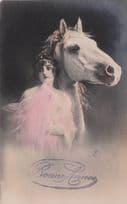 French Glamour Sexy Lady & White Race Horse Antique Postcard