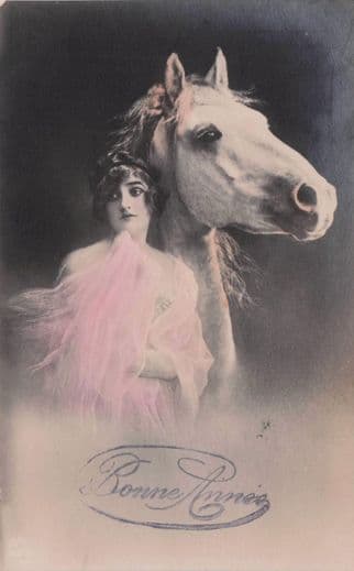 French Glamour Sexy Lady & White Race Horse Antique Postcard