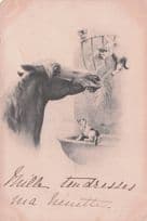 French Horse Rescues Farm Cats Disaster Antique Art Painting Postcard