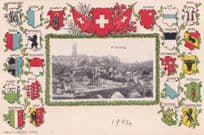 Fribourg Switzerland Antique 1904 Rare Coat Of Arms Postcard