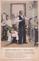 Frying Pan Kitchen Fire On Shelf No Girlfriend Old Comic Postcard