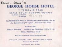 George House Hotel Earls Court London 1975 Map Card Ephemera