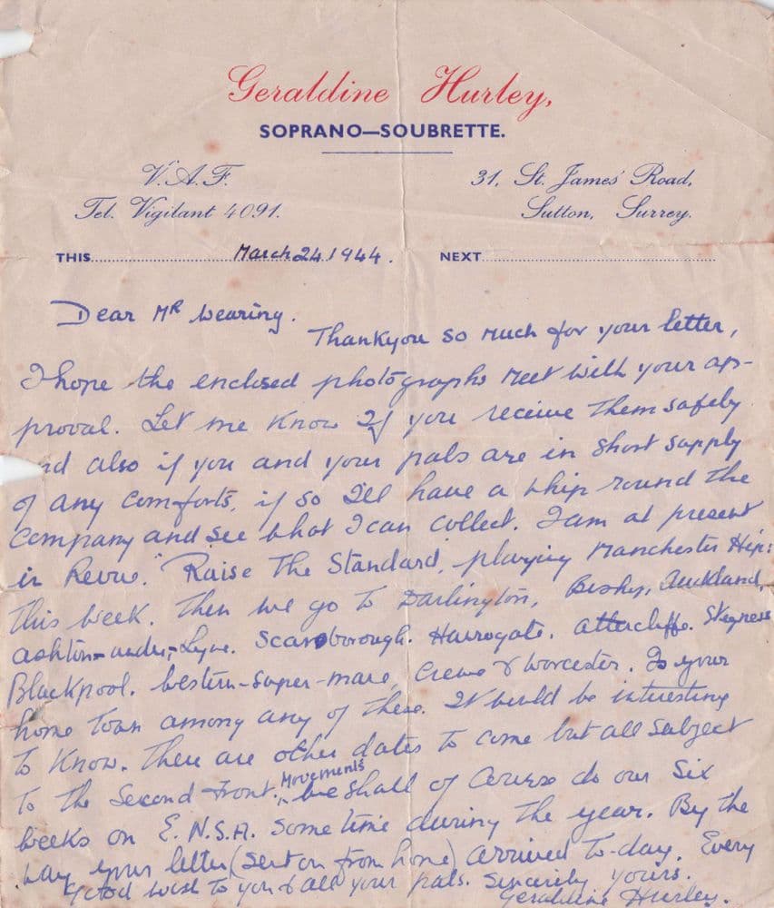 Geraldine Hurley Soprano Opera Surrey 1922 WW2 War Hand Signed Letter
