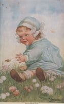 German Baby Child Catching Butterflies Antique WW1 Postcard