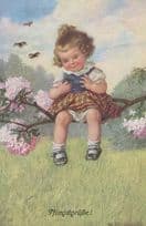 German Child Playing With Giant Beetle Insect On Hand Old Postcard