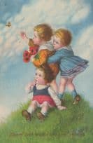 German Children & Poppy Poppies Chasing Butterflies Old Postcard