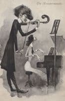 German Scary Giant Lady Violin Player Piano Old Comic Postcard