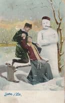 German Smoking Snowman With Postman Hat Old Comic Postcard