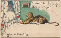 Giant Tiger Pouncing On Child In Bed Antique Comic Greetings Postcard