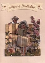 Girl Reading Book Nosey Parker Peeping Tom Fence 3D Card Ephemera