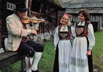 Girls Admiring Vossebunader Violinist Musician Norway Postcard