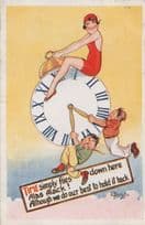 Glamour Girl On Flying Antique Alarm Clock Old Comic Postcard