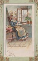 Grandmother on Foot Stool With Cat Reading Antique Family Letter Old Postcard