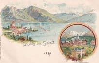 Gruss Aus Spiez Hotel Schonegg Victorian 1899 Swiss Postcard