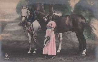 Gypsy French Lady & Her Horses Antique Glamour Tinted Old Postcard