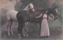 Gypsy French Lady & Her Horses Rare Old Glamour Tinted Old Postcard