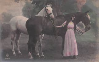 Gypsy French Lady & Her Horses Rare Old Glamour Tinted Old Postcard