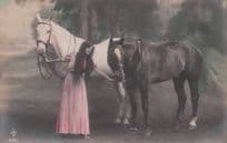 Gypsy French Lady & Horses Antique Glamour Tinted Old Postcard