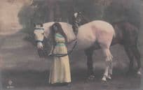 Gypsy French Lady Rests On Horses Sexy Glamour Tinted Old Postcard