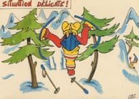Handstand In Snow Skiing Accident Disaster Comic Postcard