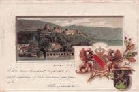 Heidelberg Schloss Shield Antique Raised Gold Metallic German Postcard