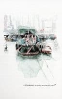Hong Kong Boats Ships Stunning Sketch Painting Postcard