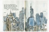 Hong Kong Skyscrapers Aerial Stunning Sketch Painting Postcard