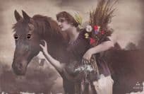 Horse & Lady Glamour Owner Real Moving Plastic Eyes Old Postcard