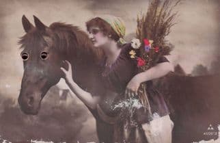Horse & Lady Glamour Owner Real Moving Plastic Eyes Old Postcard