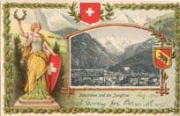 Interlaken Gruss Aus Swiss Flag Shield Jungfrau Military Lady Switzerland Postcard