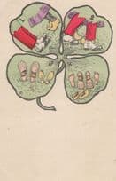 Irish Four Leaf Clover Of Old Fashioned Shoes Boots Antique Postcard